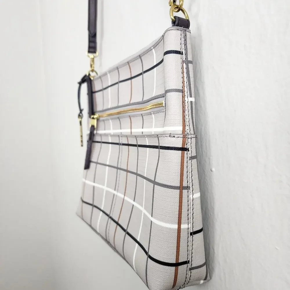 NEW Fossil Fiona Large Crossbody Bag Gray Beige Plaid Neutral Checkered Purse